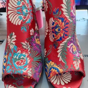 BAMBOO Red Floral Embroidered Ankle Booties